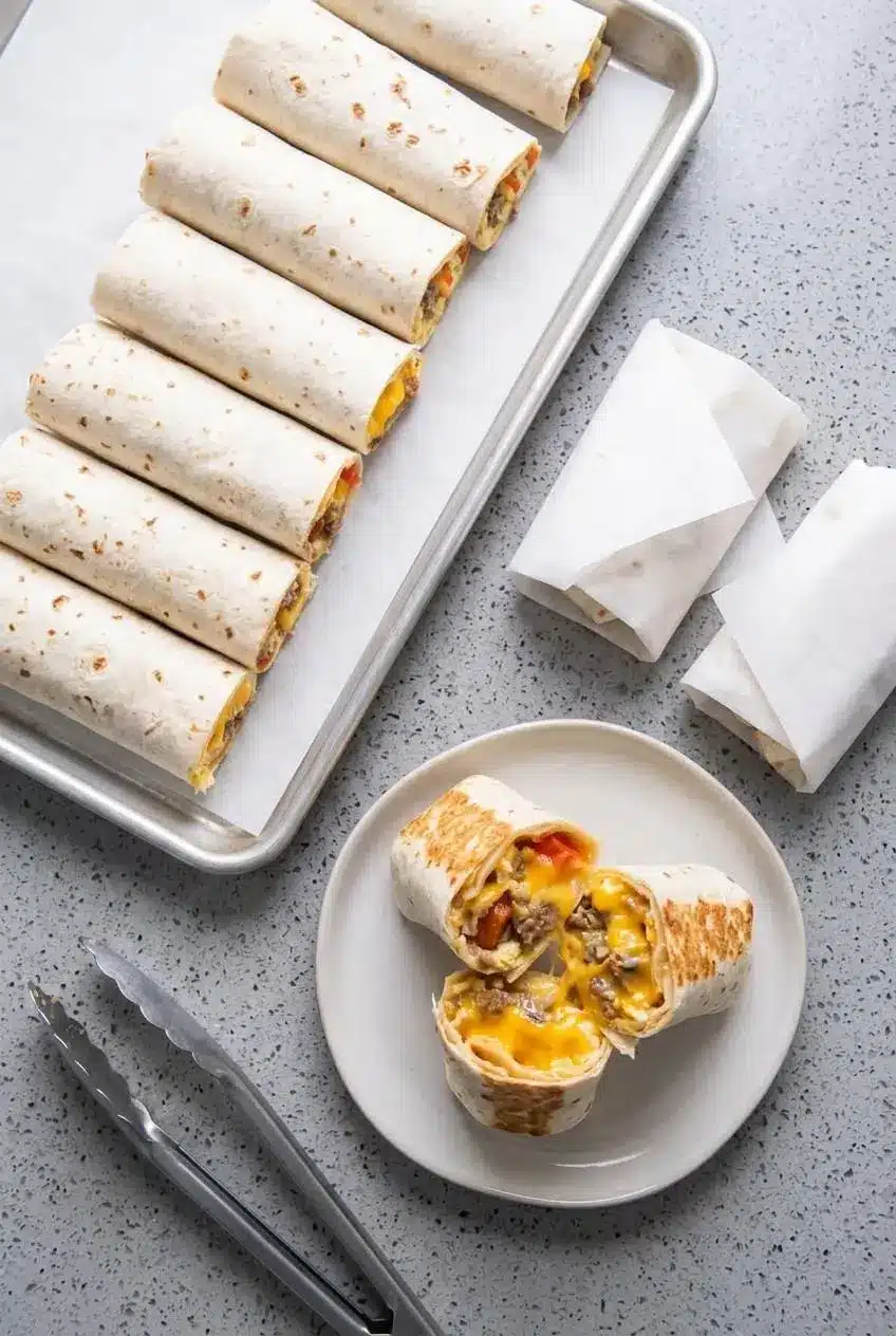 Meal prep baking sheet with parchment-wrapped breakfast burritos for freezing alongside a reheated burrito.