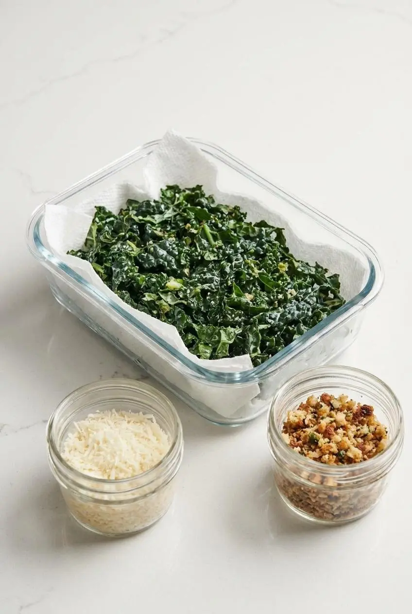 Dressed kale salad in a glass meal prep container with a paper towel, alongside a small jar of crisp breadcrumbs.