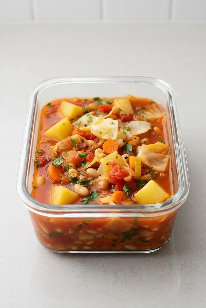 Meal prep container made of clear glass filled with cabbage soup on a light gray countertop.