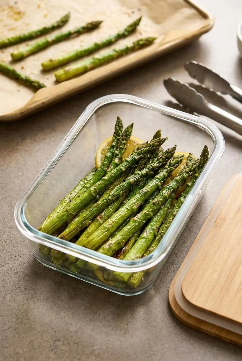 Cooked green asparagus stored inside a clear glass meal prep container with a wooden lid on a kitchen counter.