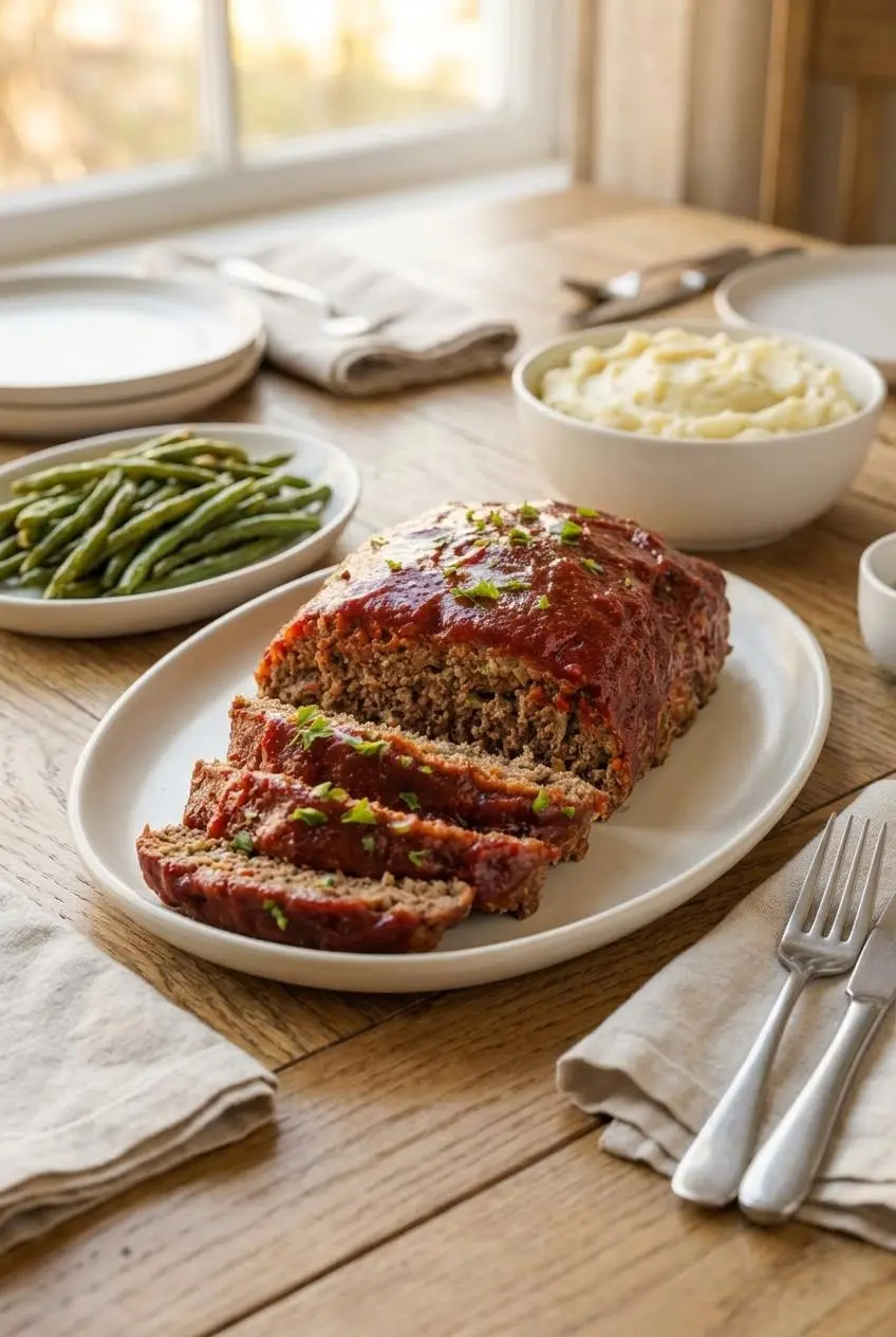 Sliced meatloaf platter served alongside bowls of garlic mashed potatoes and roasted green beans.