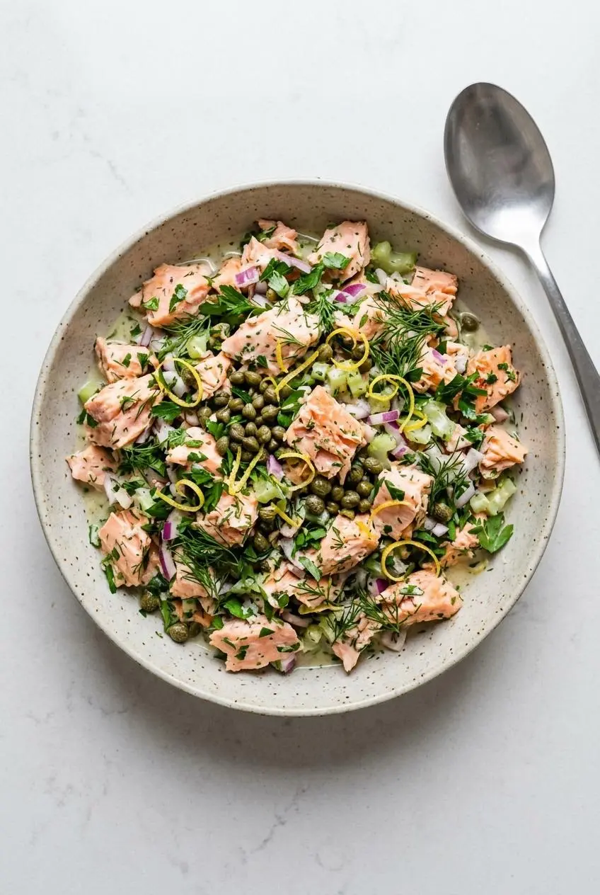 Mediterranean salmon salad variation in a bowl topped with capers, flat-leaf parsley, and lemon zest.