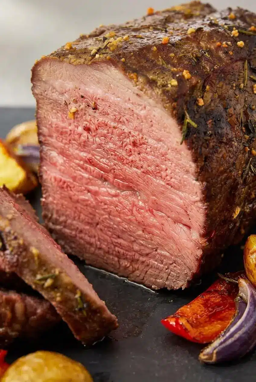 Close-up cross section of medium-rare roast beef showing tender grain and glistening juices.