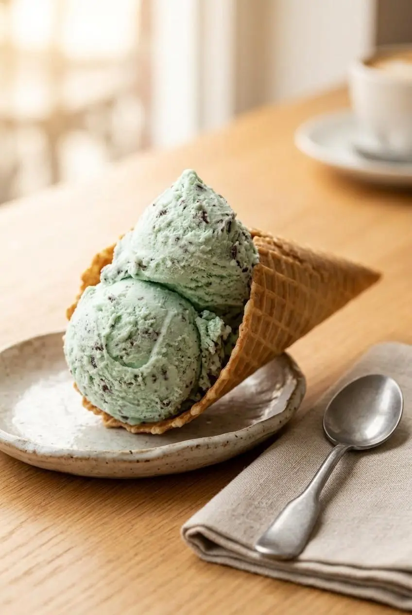 Two round scoops of mint chocolate chip ice cream served in a crisp golden waffle cone.