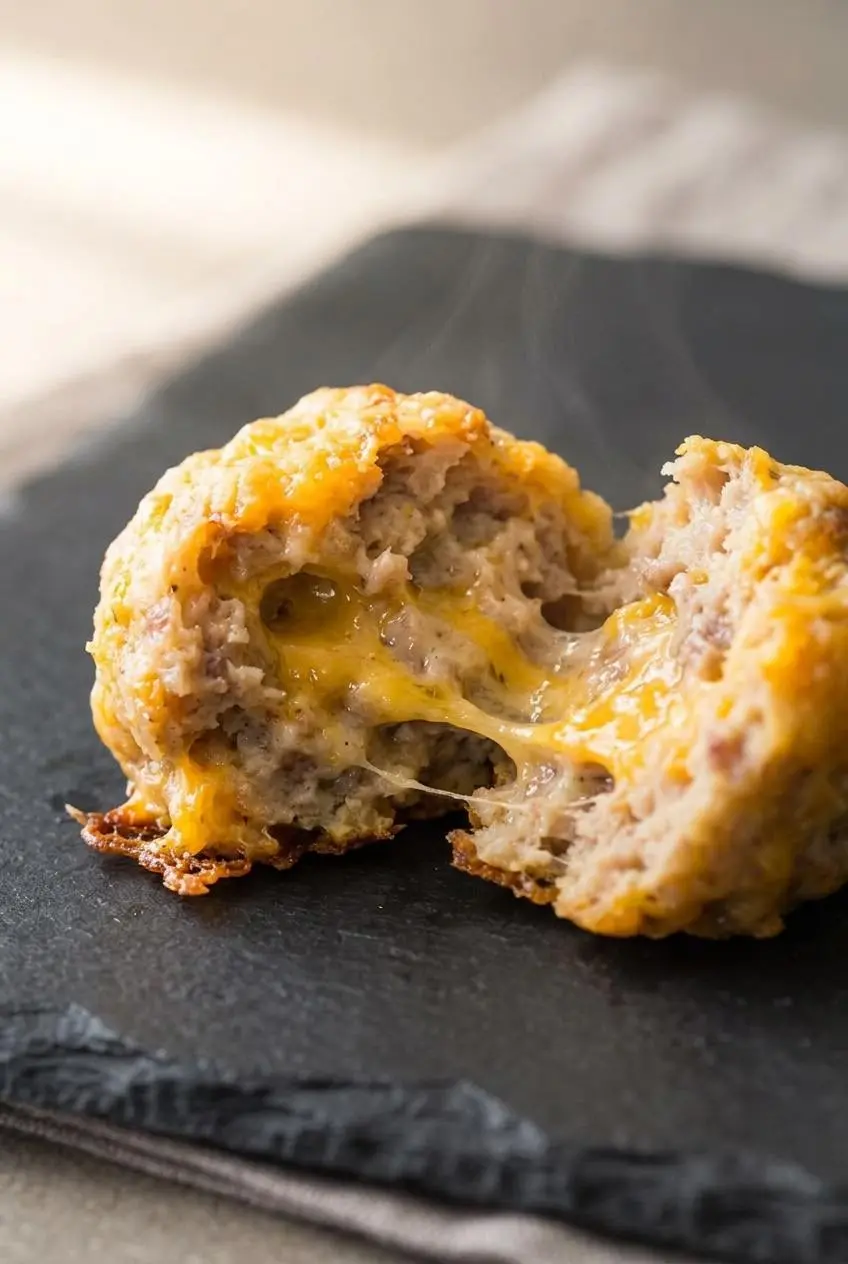 Broken-open sausage ball revealing a moist, tender interior with melted cheddar and browned bottom crust.