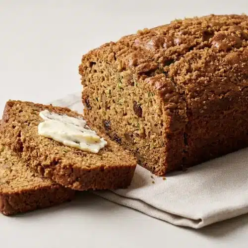 Slices of moist zucchini bread showing green zucchini flecks, toasted walnuts, and a golden spiced crust.
