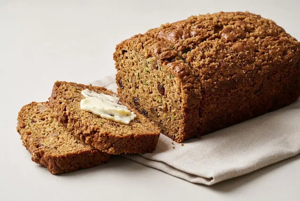 Slices of moist zucchini bread showing green zucchini flecks, toasted walnuts, and a golden spiced crust.