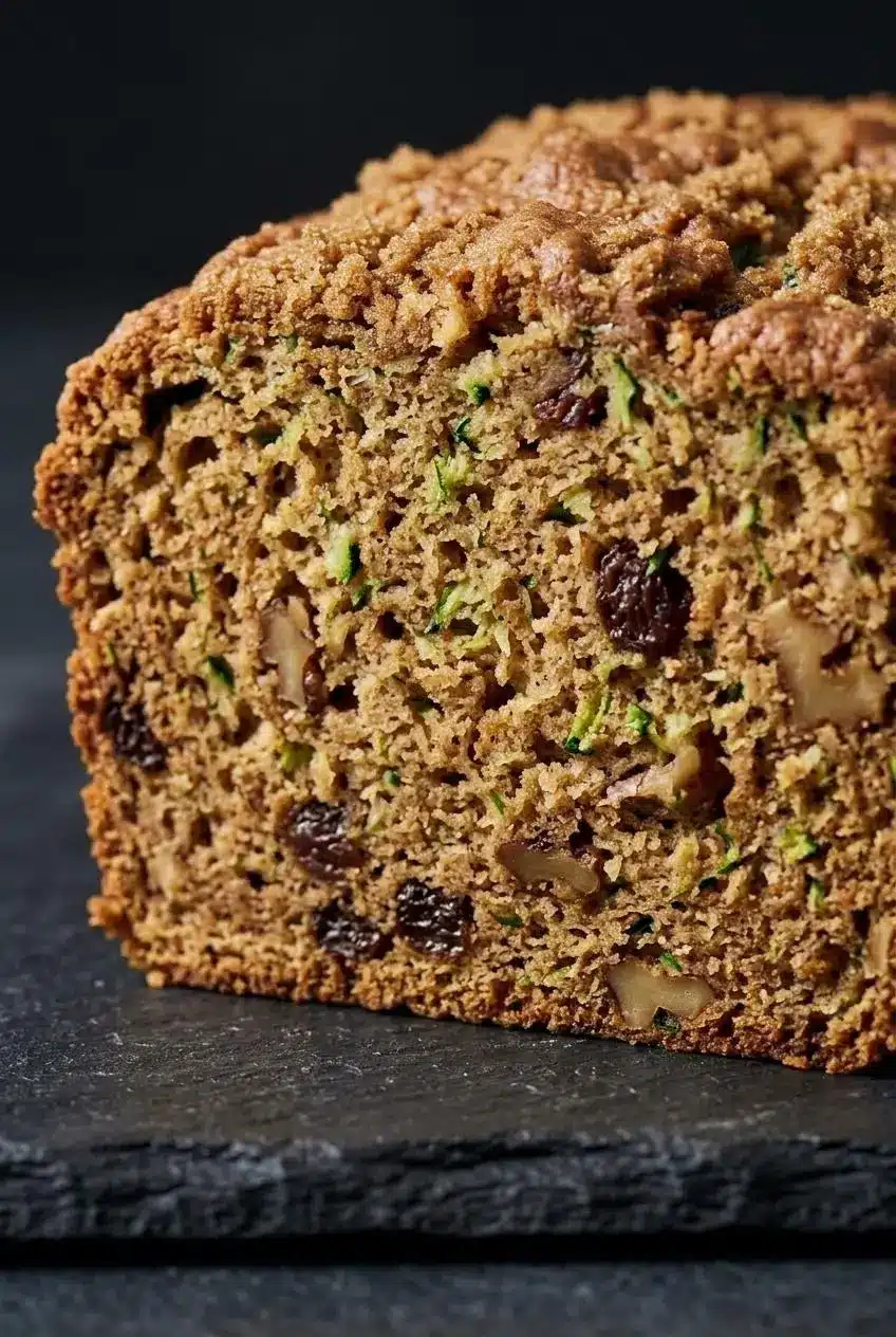Macro close-up of a moist zucchini bread slice on dark slate, showing green flecks, walnuts, and raisins.