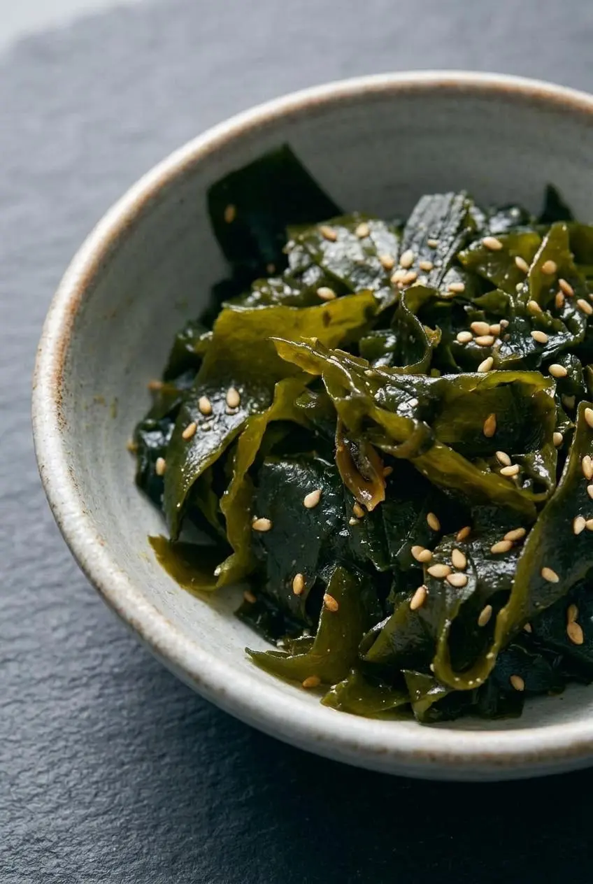 Close-up of natural olive-green wakame seaweed strands coated in glistening dressing with sesame seeds.