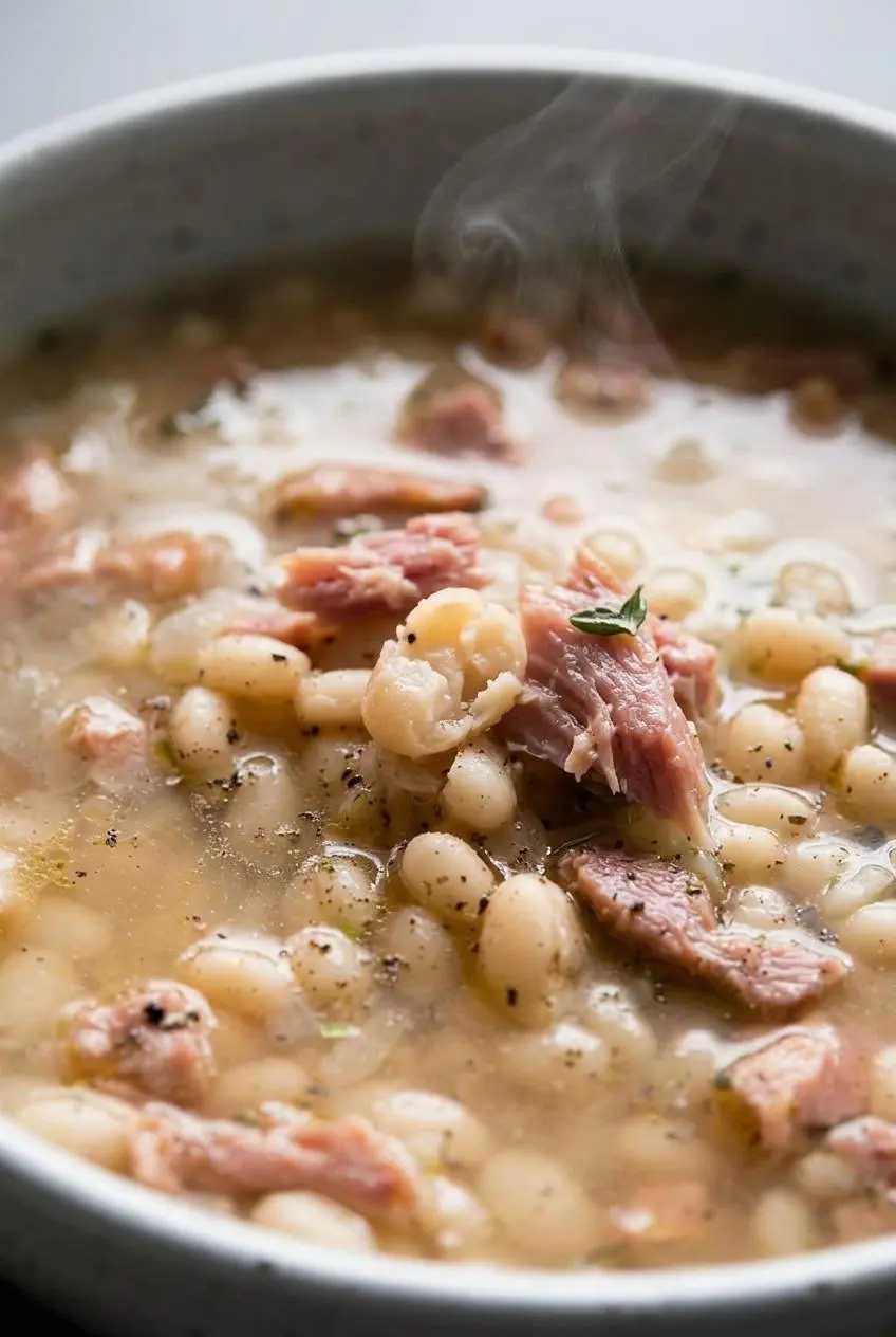 Close-up of creamy navy bean soup broth with tender split beans, shredded ham, and fresh thyme.