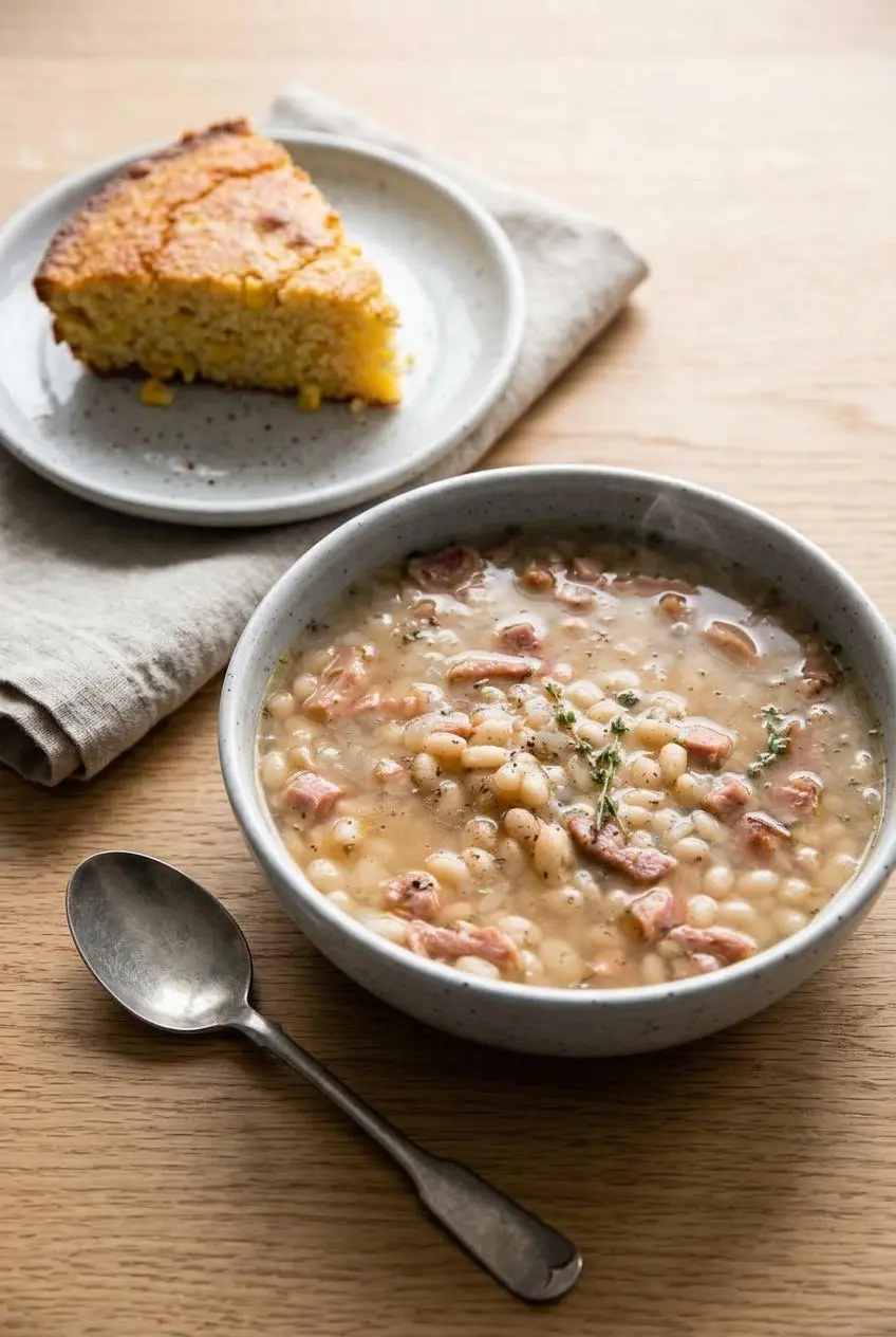 Hearty bowl of navy bean soup served alongside a warm slice of skillet cornbread on a wooden dining table.