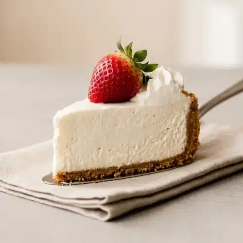 A slice of no bake cheesecake recipe with velvety filling and a golden graham cracker crust on a plate.