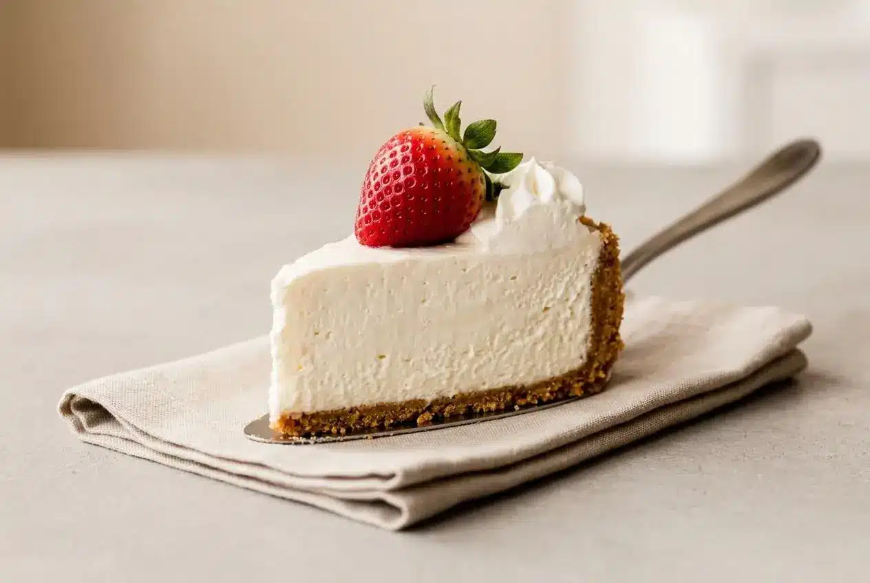 A slice of no bake cheesecake recipe with velvety filling and a golden graham cracker crust on a plate.