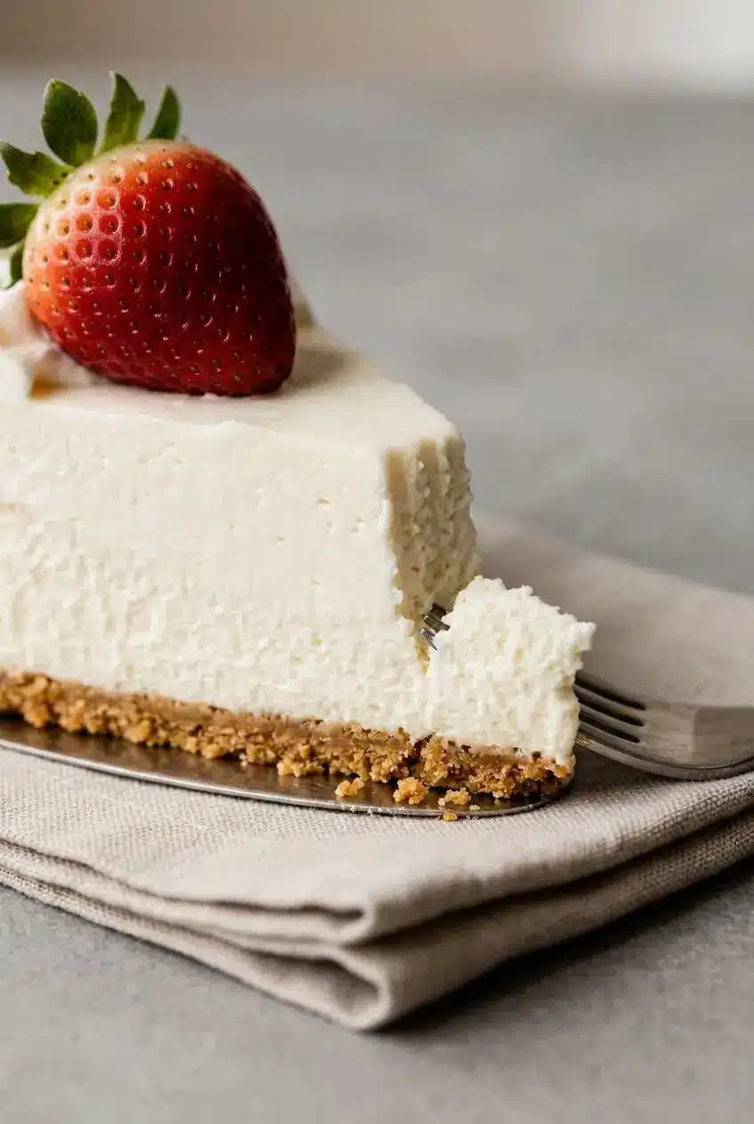 Close-up of a firm no-bake cheesecake slice showing the micro-aerated velvety texture and crumb crust.