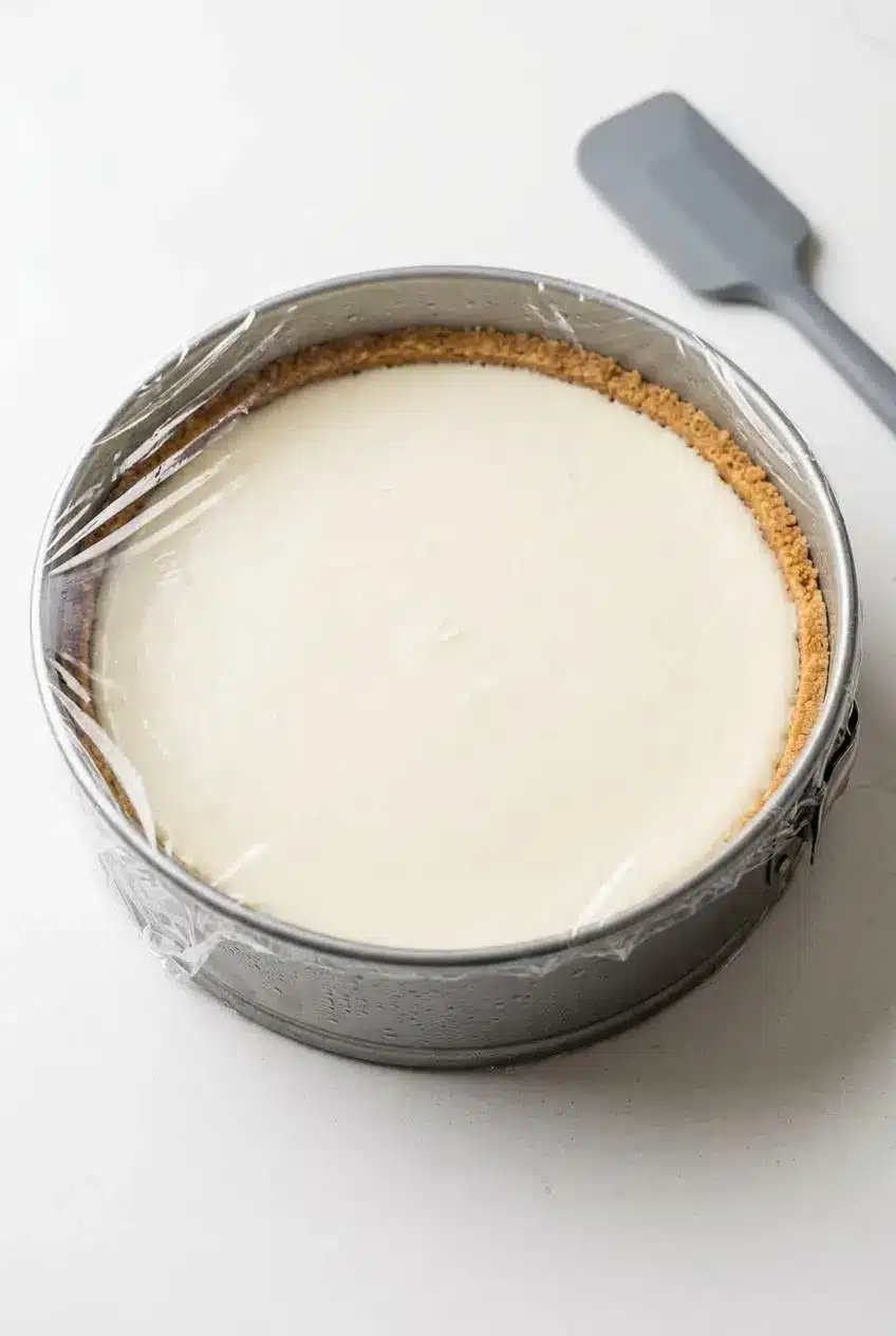 Whole no-bake cheesecake in a springform pan covered tightly with plastic wrap for refrigerator chilling.
