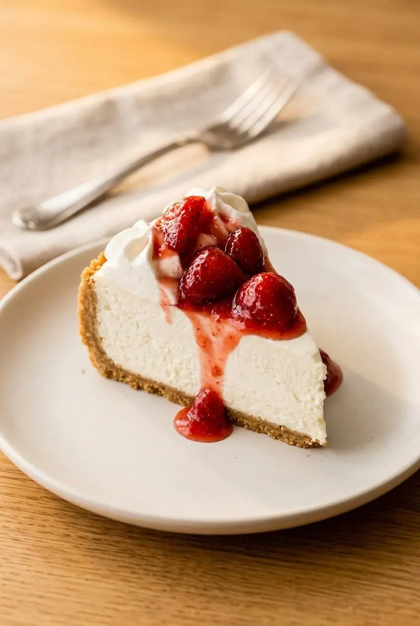 A plated slice of no-bake cheesecake topped with glossy strawberry reduction and fresh berries.