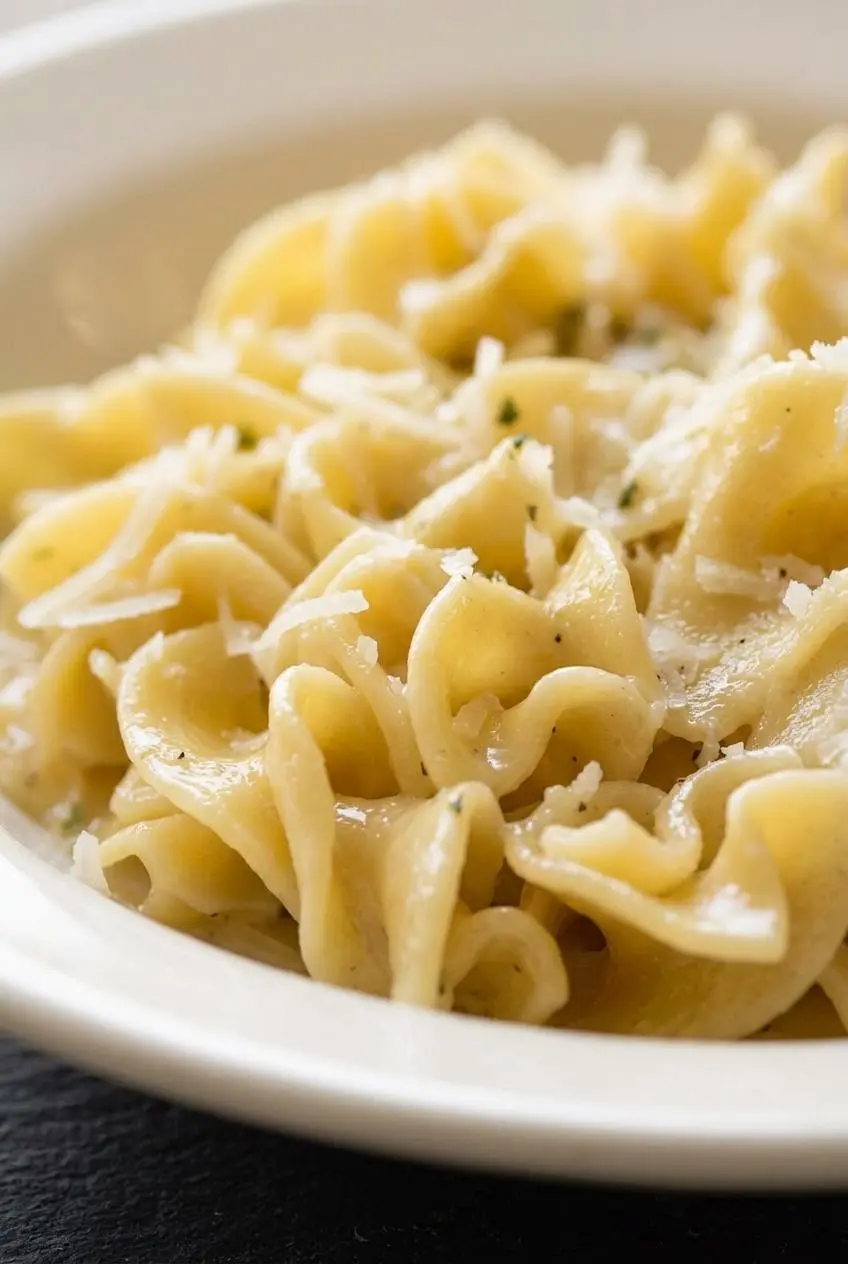 Close up of smooth egg pasta strands coated in glossy butter and parmesan glaze