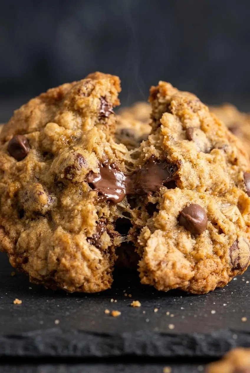 Warm oatmeal chocolate chip cookie pulled apart showing melted chocolate and a soft chewy crumb.