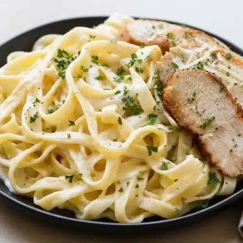 Olive Garden chicken Alfredo served with golden pan-seared chicken and glossy garlic Parmesan fettuccine.