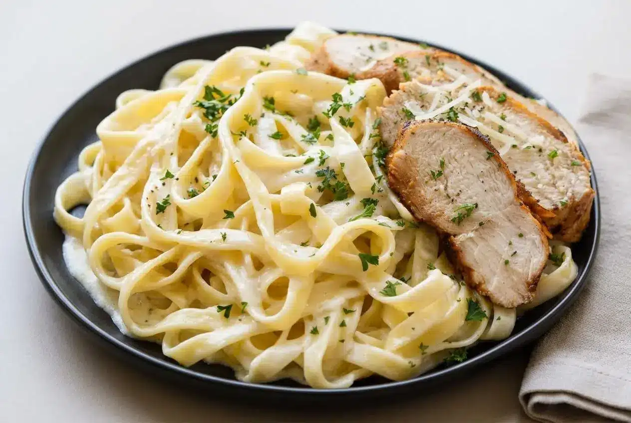 Olive Garden chicken Alfredo served with golden pan-seared chicken and glossy garlic Parmesan fettuccine.