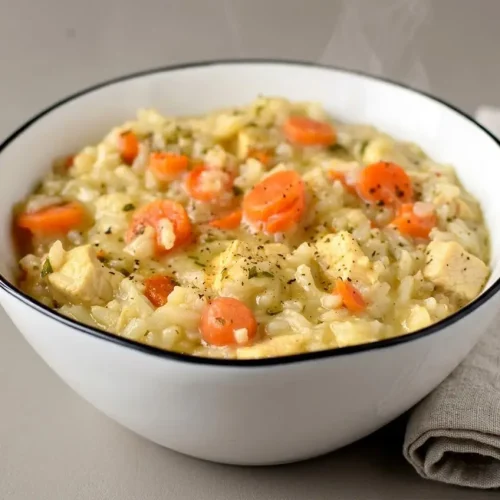 Creamy chicken and rice recipe with tender chicken breast, carrots, and a glossy buttery jasmine rice finish.