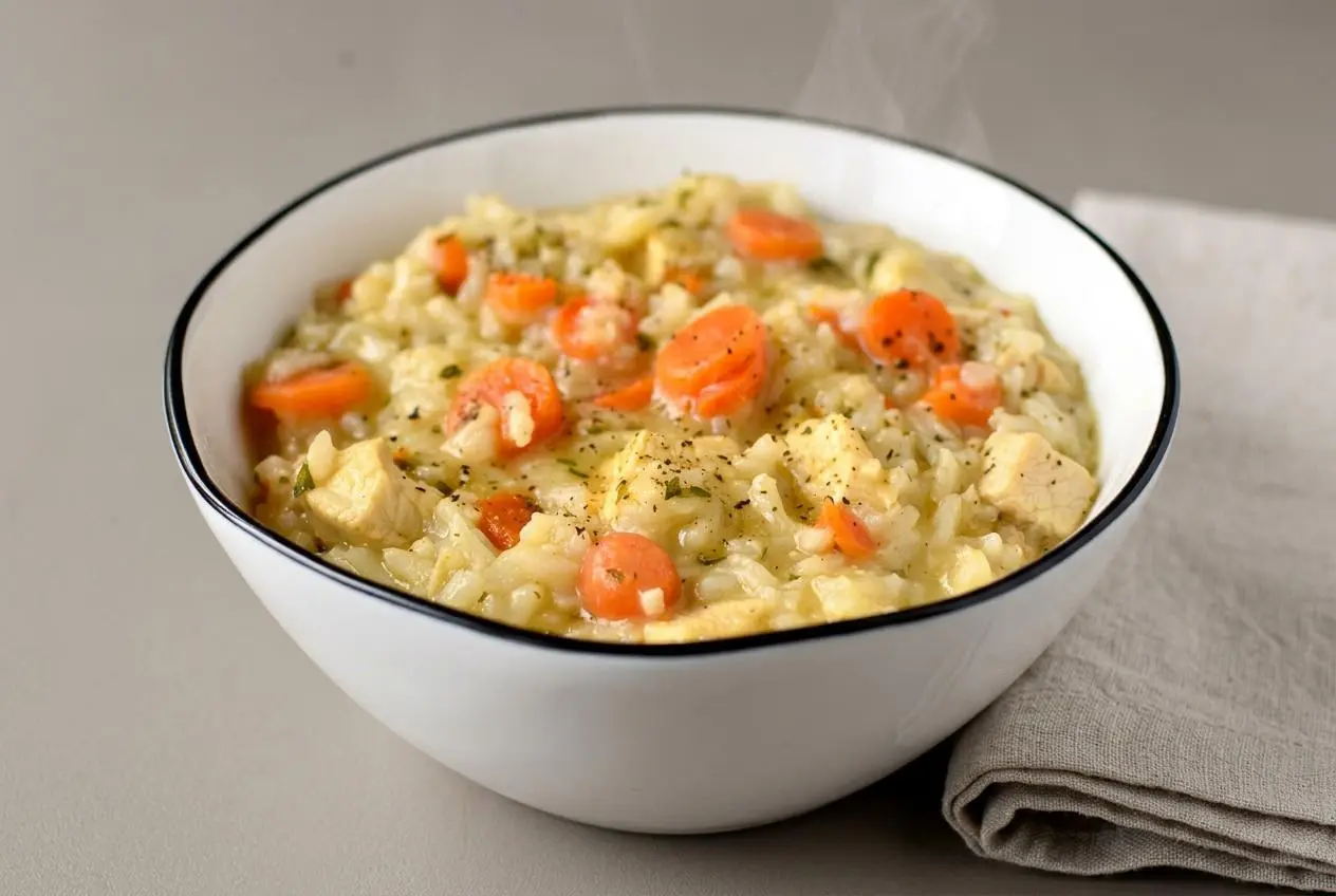 Creamy chicken and rice recipe with tender chicken breast, carrots, and a glossy buttery jasmine rice finish.