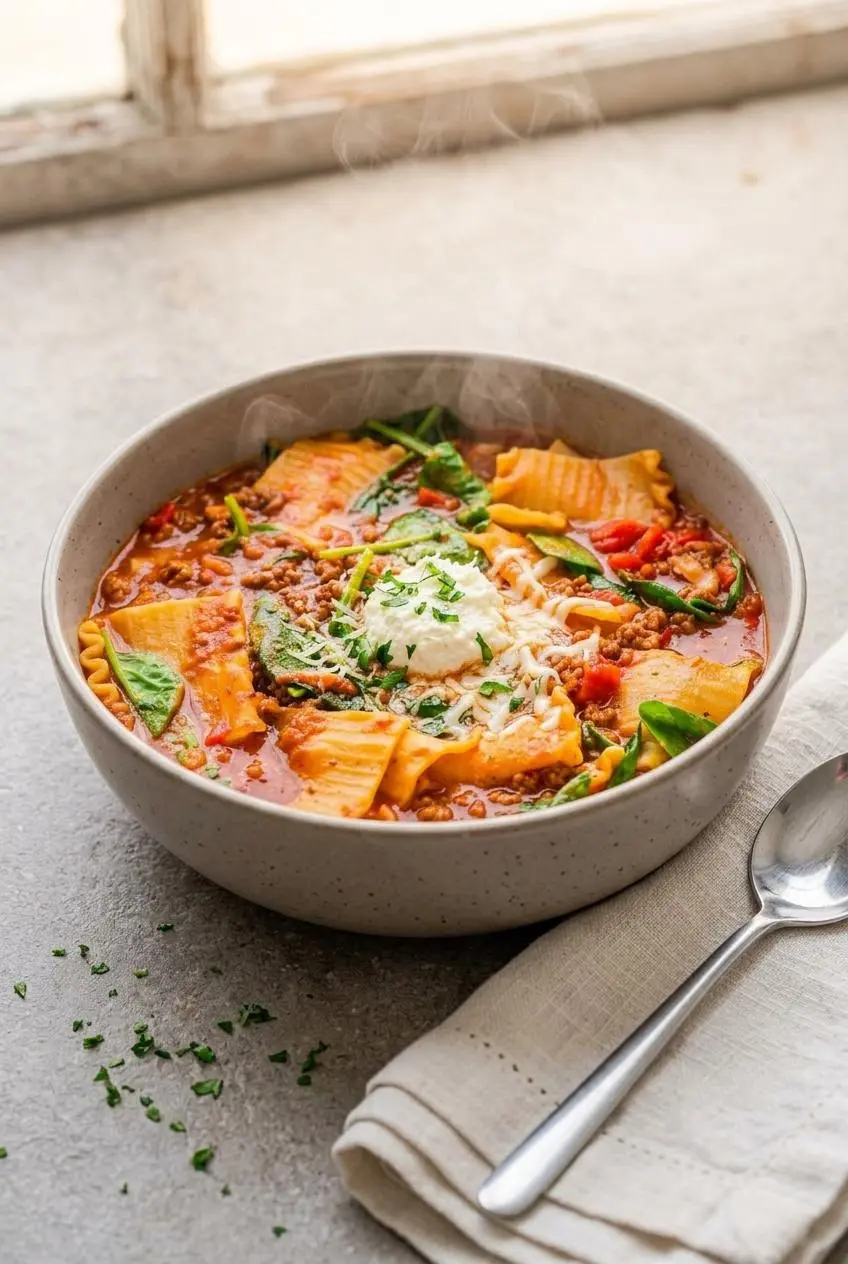 A cozy bowl of lasagna soup served on a grey stone table with a white napkin and spoon.