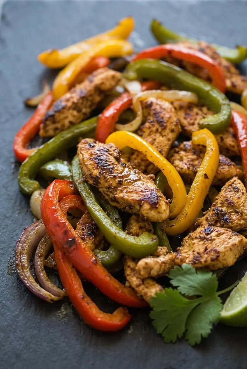 Macro shot of sliced chicken breast with deep sear marks and caramelized red and yellow bell pepper strips.