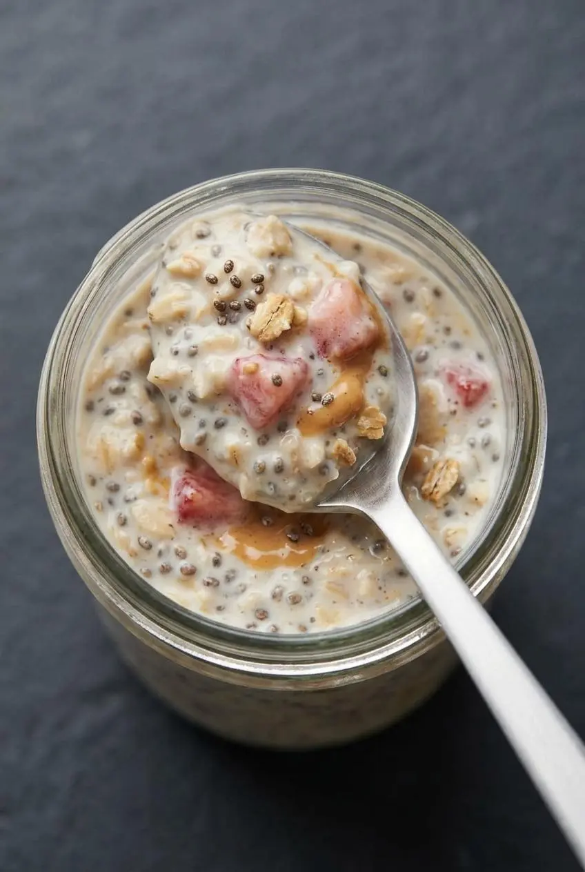 Close-up spoon scooping thick, velvety overnight oats mixed with chia seeds and yogurt.