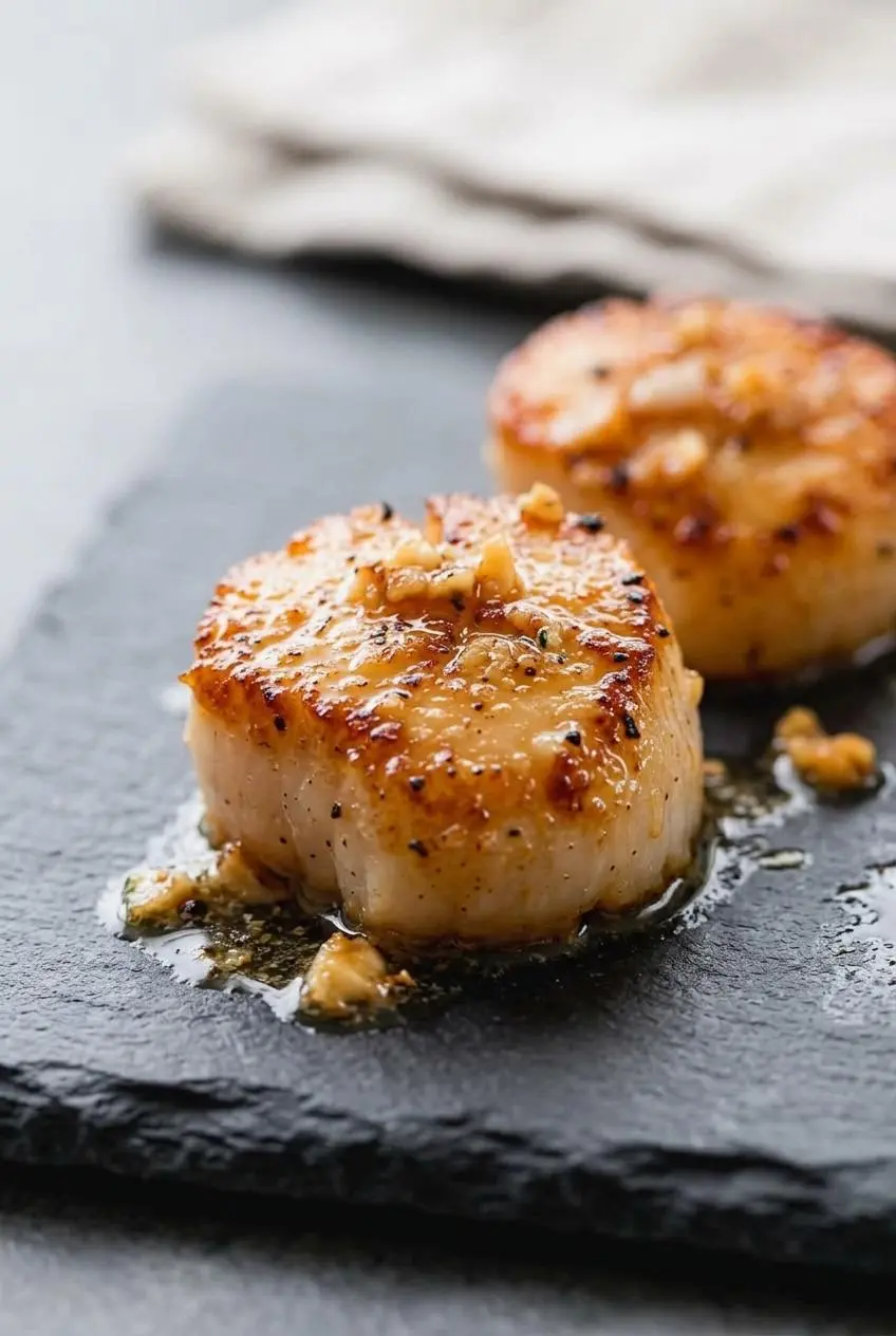 Close-up of golden caramelized crust and tender flaky edge of a pan-seared sea scallop.