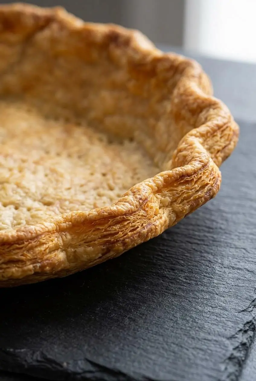 Close-up of parbaked gluten free pie crust showing crisp flaky layers and fork docking on the dry base.
