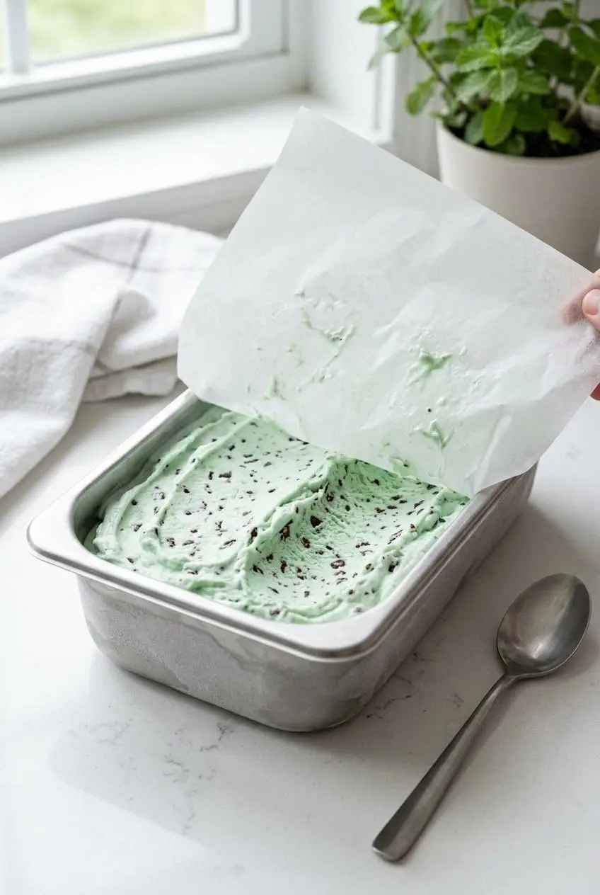 Parchment paper pressed over freshly churned ice cream in a stainless steel container.