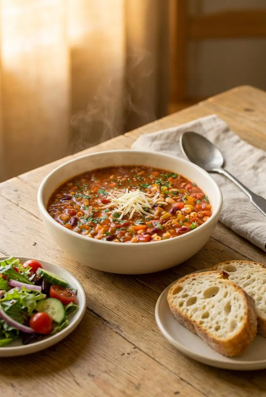 Bowl of pasta e fagioli soup served with crusty ciabatta bread slices and a fresh garden salad.