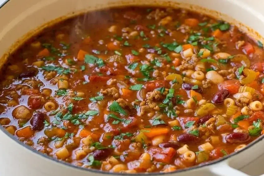 Hearty pasta e fagioli soup with tender ditalini pasta, two beans, and a rich herb tomato broth.