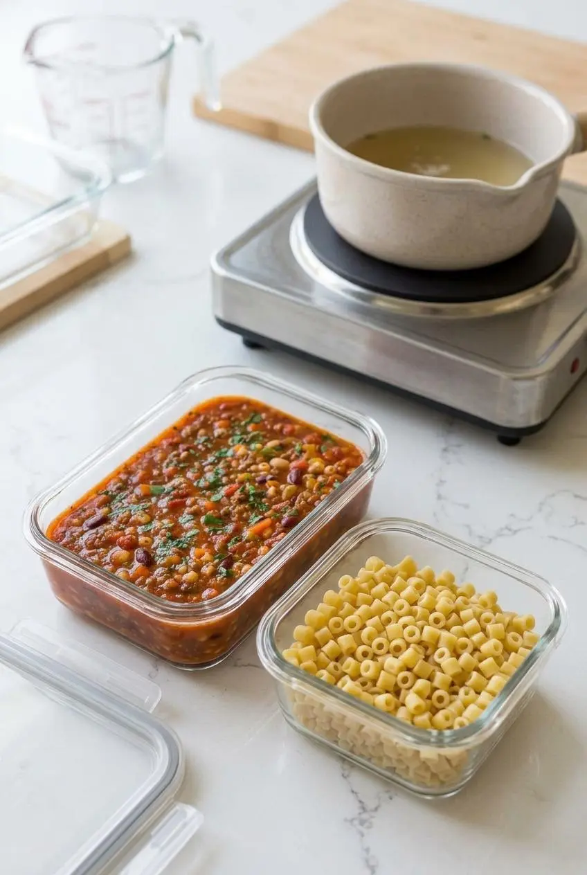 Glass meal prep containers storing pasta e fagioli soup base separately from cooked ditalini pasta.
