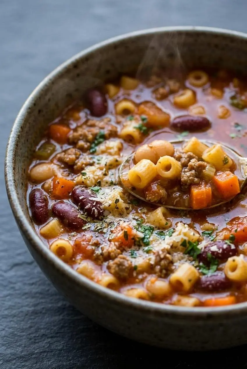 Close up of a spoon lifting thick tomato broth with ditalini pasta, kidney beans, and ground beef.