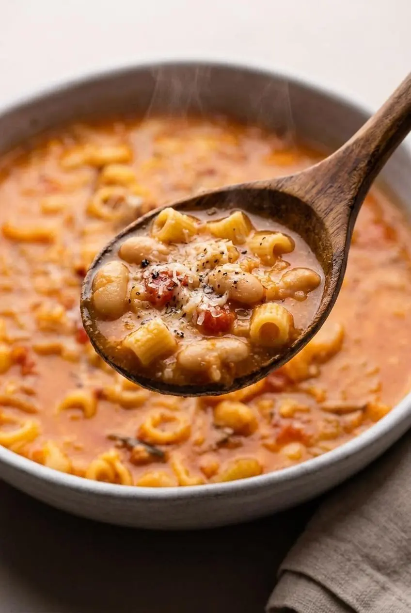 Spoon lifting thick, silky pasta e fagioli broth loaded with tender ditalini pasta and cannellini beans.