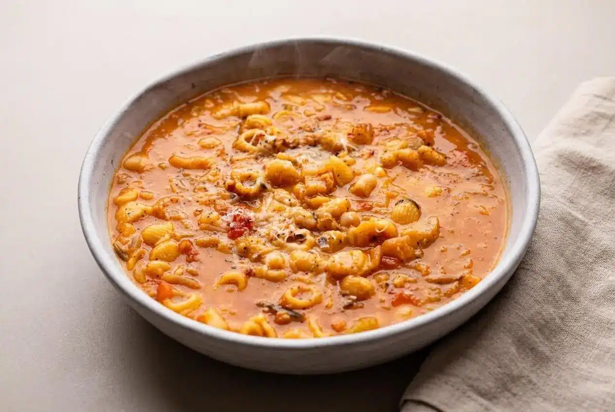 Pasta fagioli recipe with ditalini pasta, cannellini beans, and savory broth topped with grated Parmigiano.
