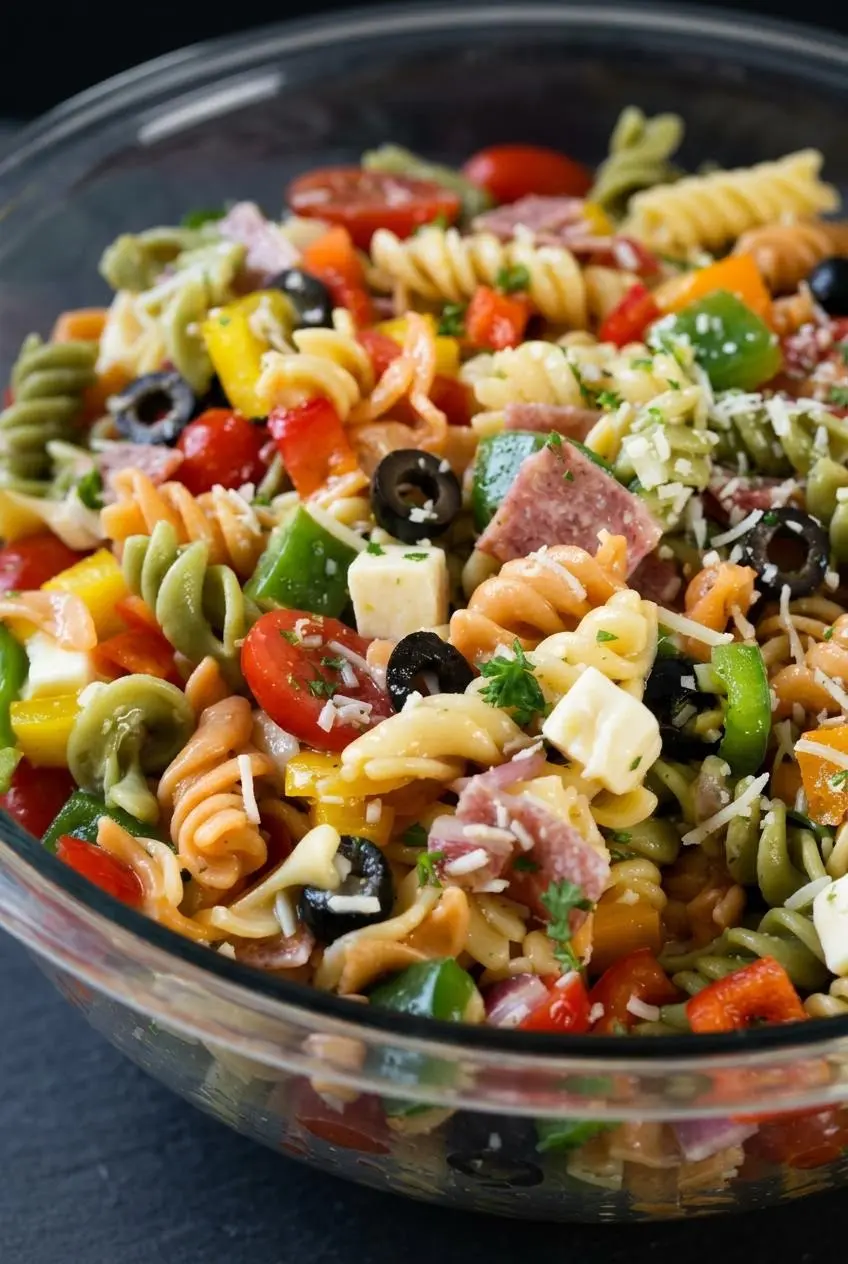 Macro close-up of glossy rotini spirals coated in Italian vinaigrette with parmesan, diced peppers, and herbs.