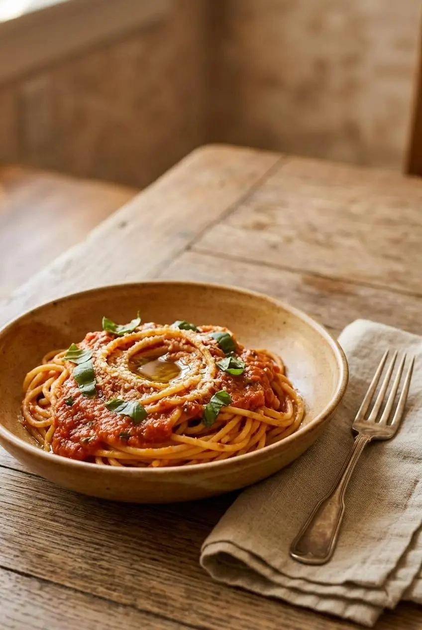 Ceramic bowl of pasta coated in rich tomato sauce and garnished with fresh torn basil