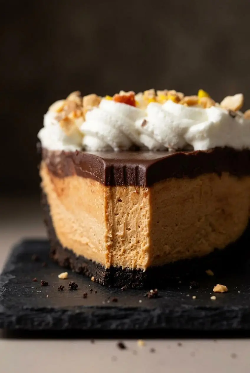 Close up of a clean slice of peanut butter pie showing distinct layers of Oreo crust, mousse, and ganache.
