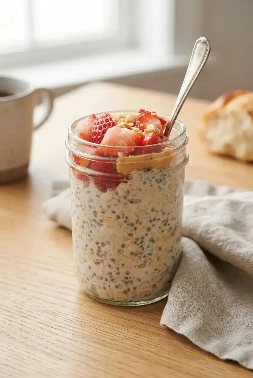 Mason jar of overnight oats topped with peanut butter swirl, diced strawberries, and crushed peanuts.
