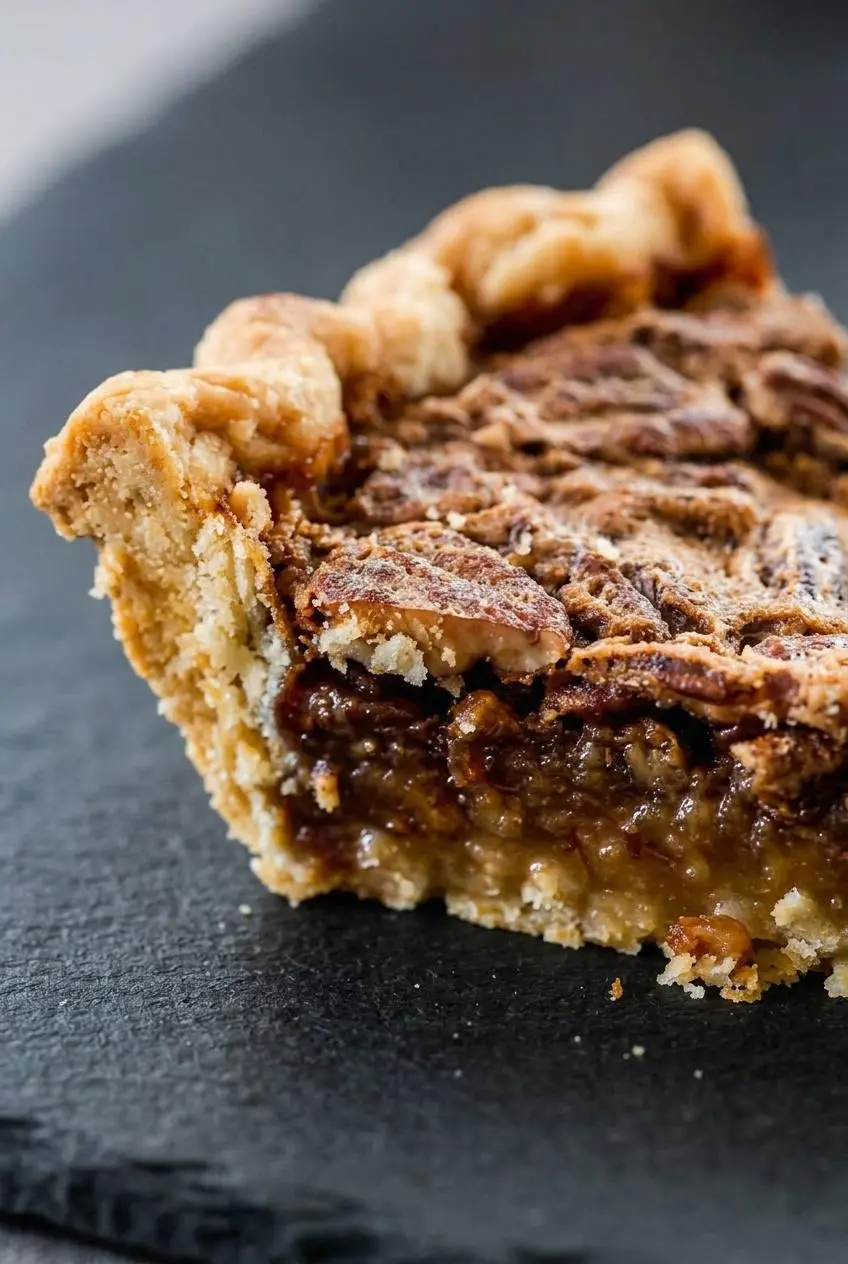 Close-up of a cleanly cut pecan pie slice displaying a firm caramel custard filling and flaky bottom crust.