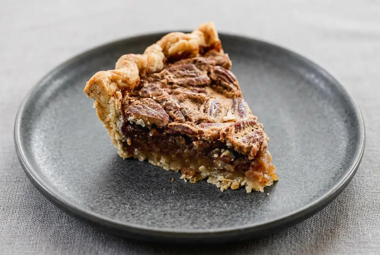 Pecan pie recipe with a flaky golden crust, glossy caramel filling, and toasted pecan halves.