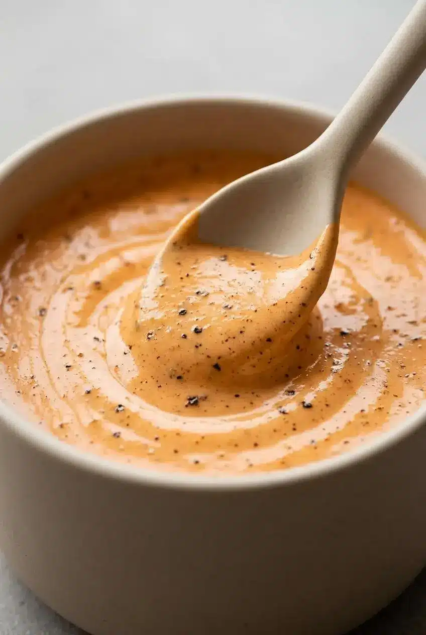 A ceramic spoon lifting a thick pool of creamy, pale-orange chipotle sauce showing its smooth texture.