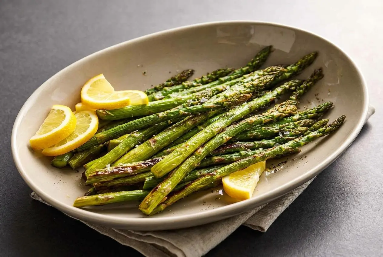 Tender roasted asparagus spears with crispy charred tips on a baking sheet.