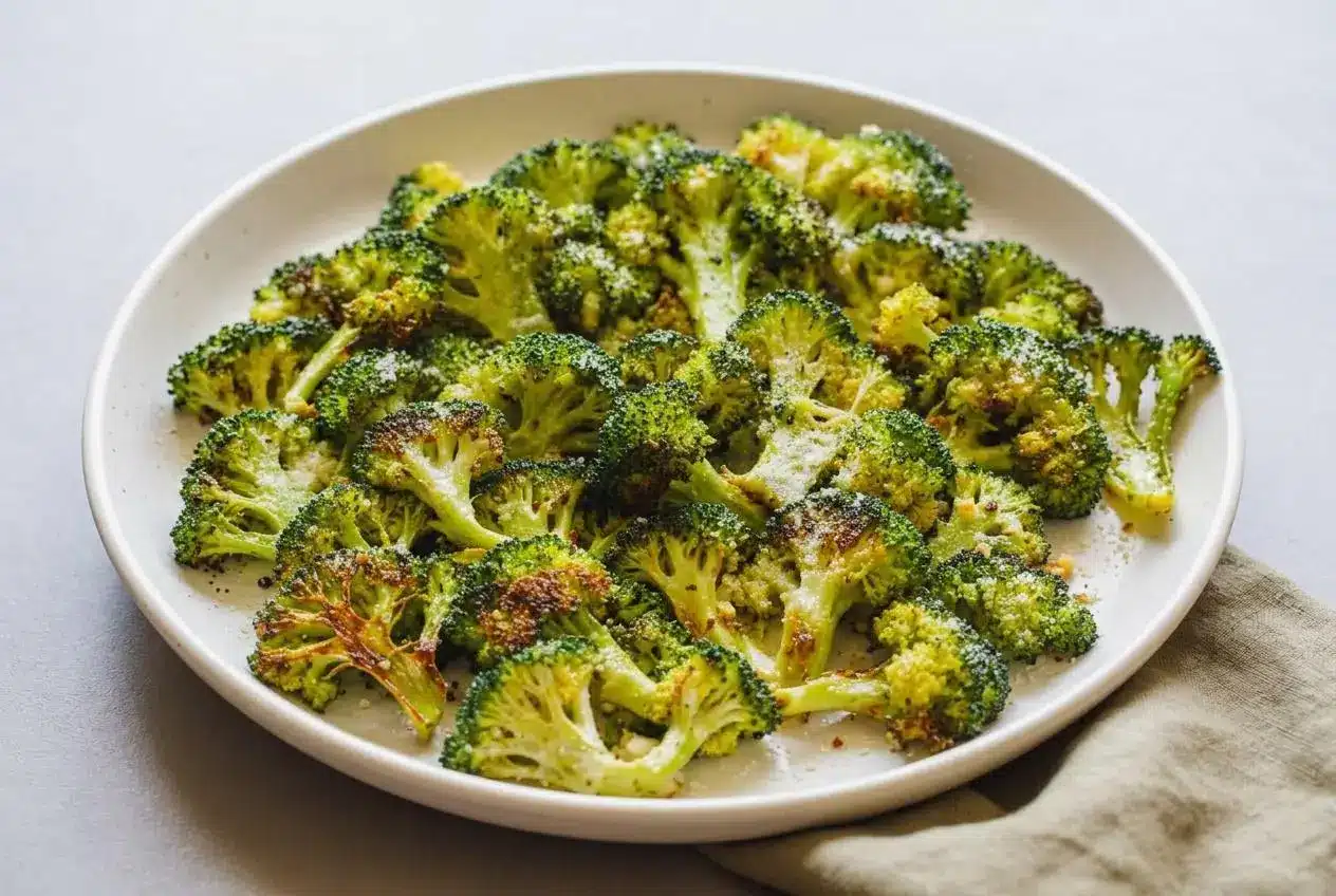 Perfectly roasted broccoli florets with caramelized golden edges in a serving bowl, showcasing tender stems.