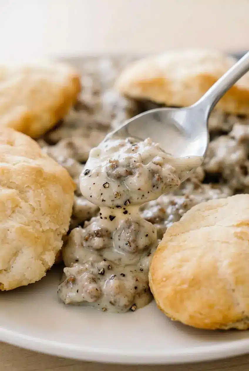 Close-up of thick, velvety country sausage gravy being lifted with a spoon, highlighting the savory texture.