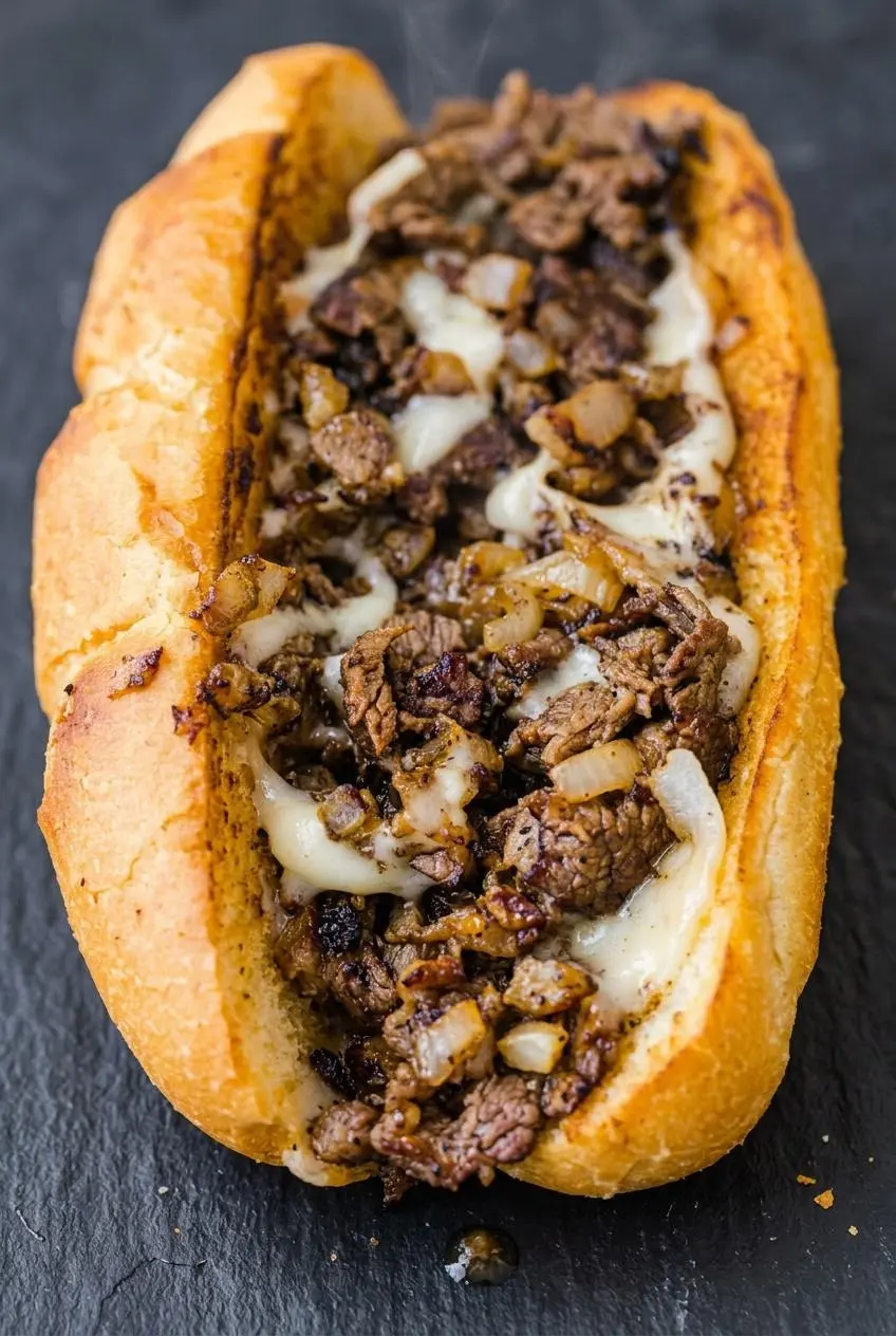 Cross-section of a Philly cheesesteak showing juicy shaved ribeye and melted provolone in a toasted hoagie