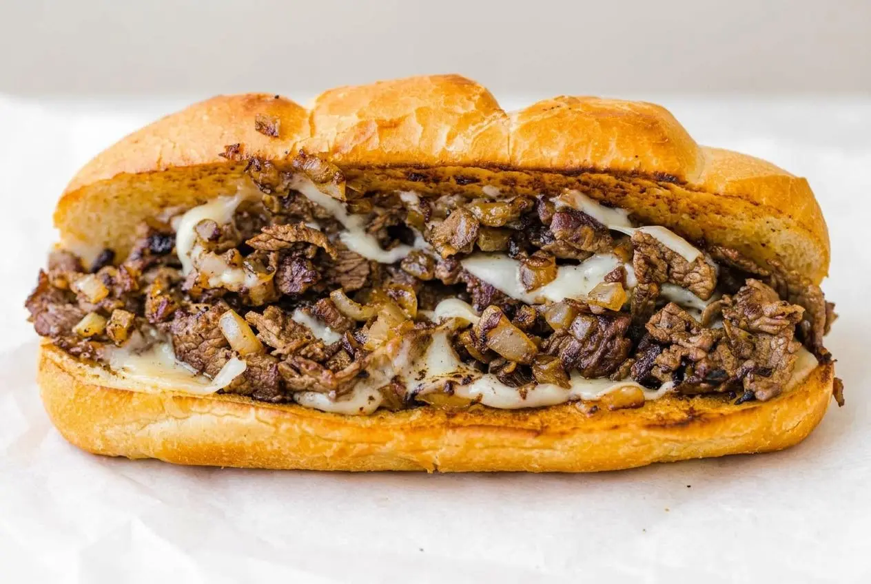 Philly cheesesteak recipe with juicy shaved ribeye, caramelized onions, and melted provolone on a toasted roll